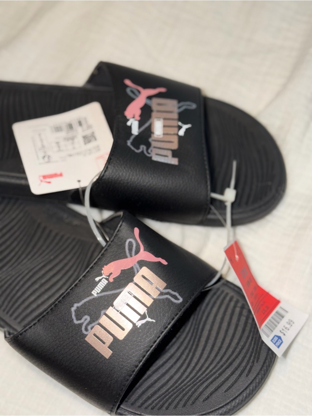 Puma women Black Slide Sandals with Pink Logo